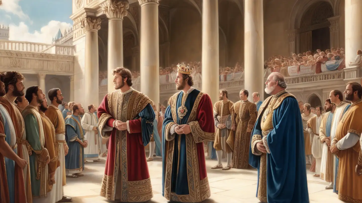 Daniel in the palace courtyard, surrounded by people admiring him and the king looking pleased (positive).