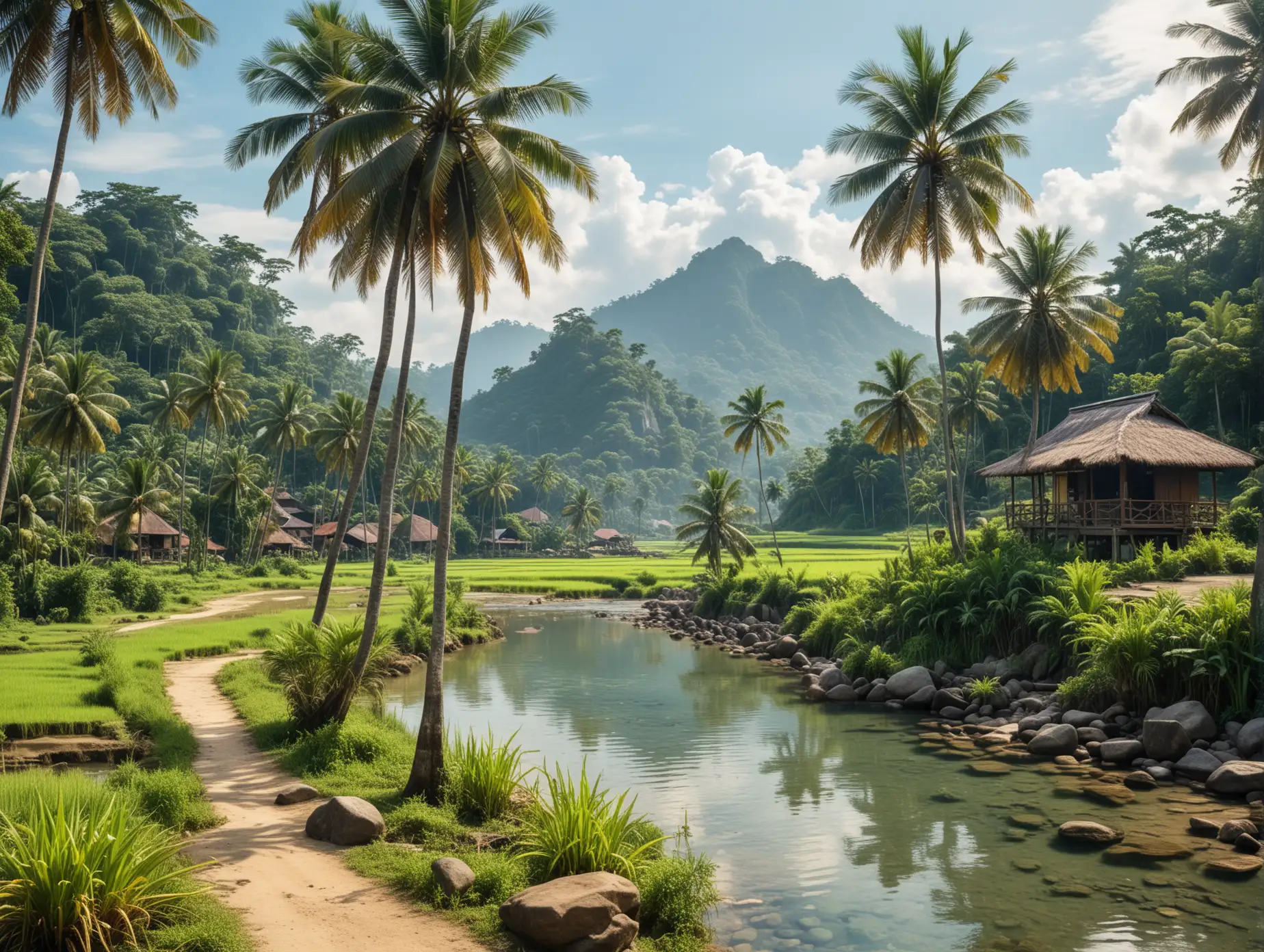 Tranquil Indonesian Village Waterfalls Rice Fields and Fishing