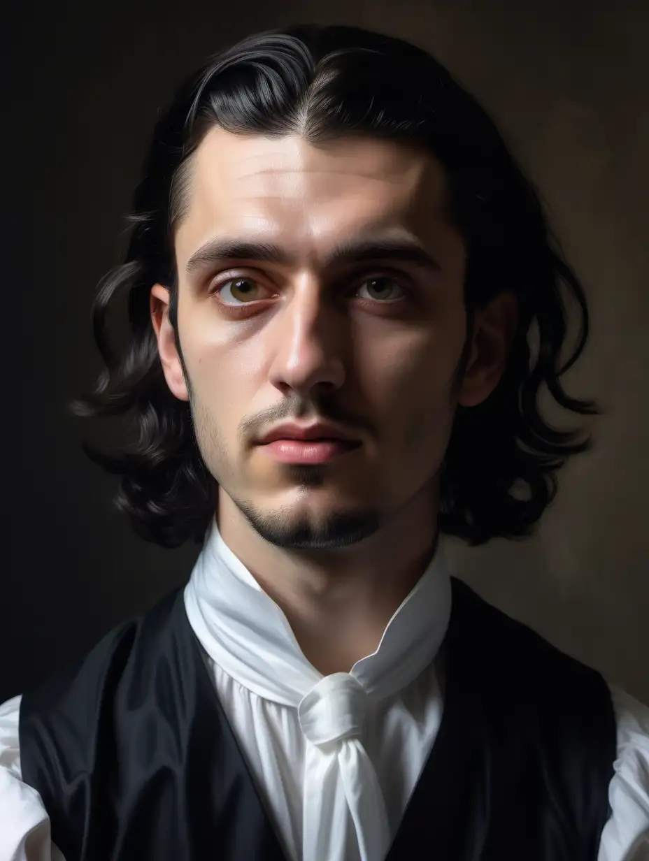 make a close-up painterly portrait in the style of Vermeer of a 30 year old Italian man with black hair wearing a white shirt and black colbert
