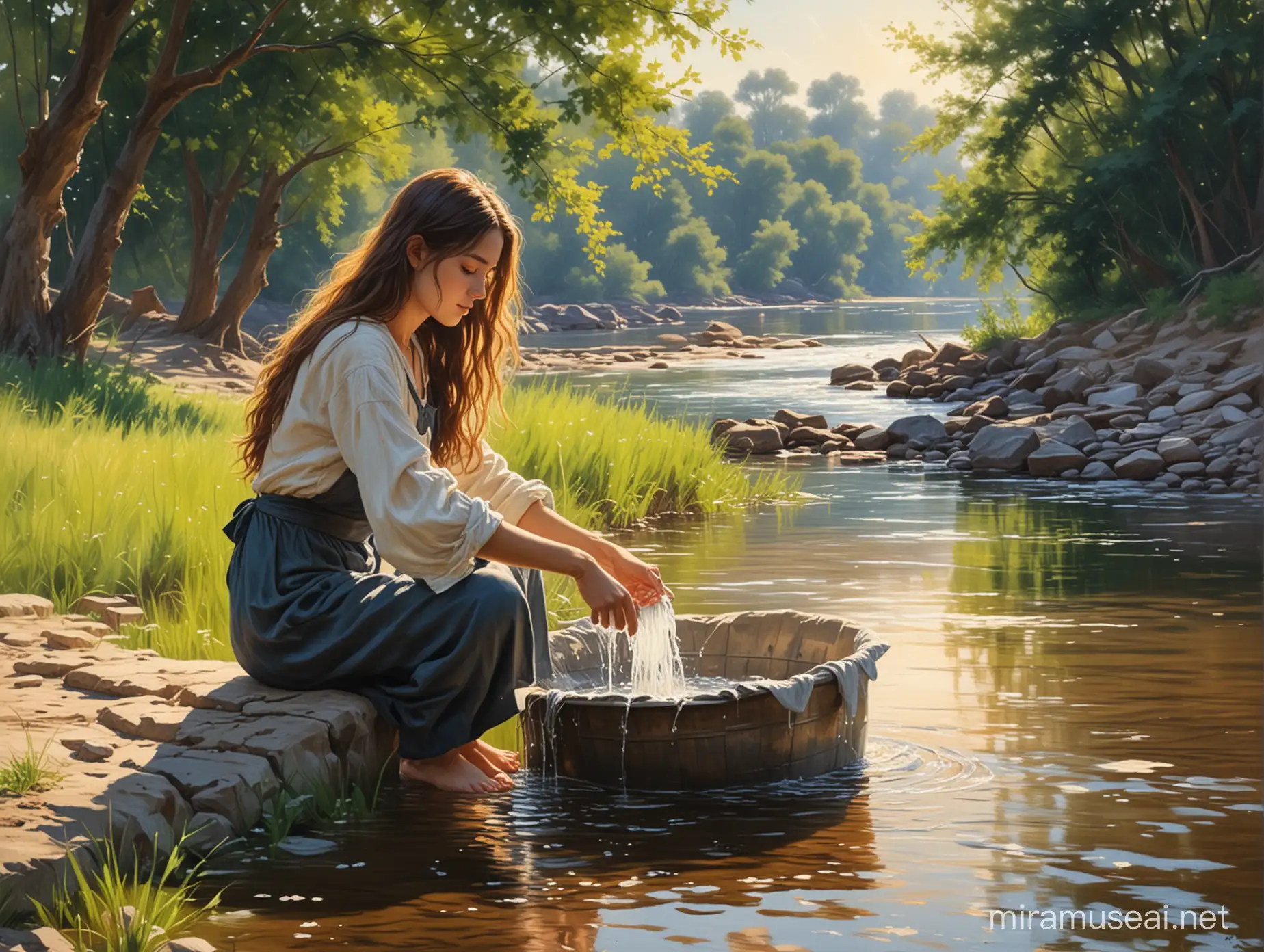 Youth Washing Clothes by the River in Oil Painting Style