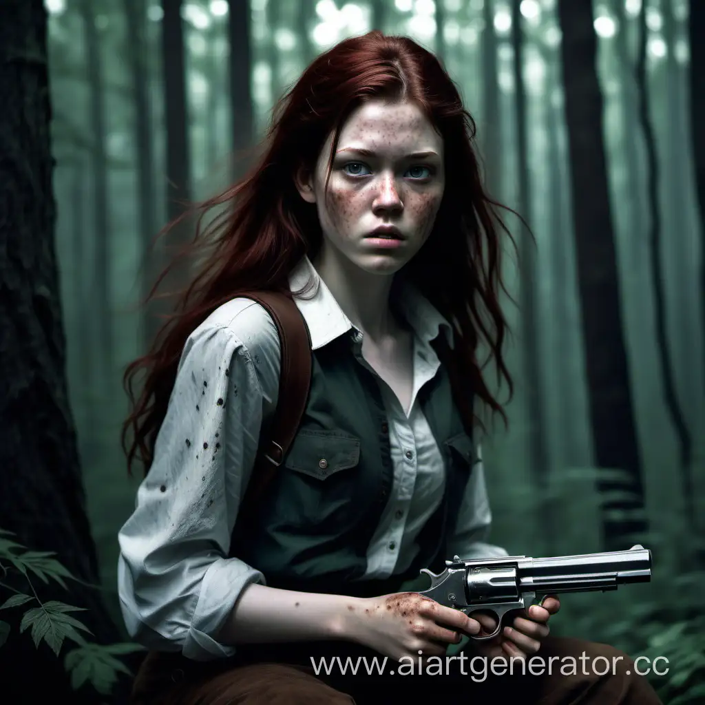 Create an image of this story with this character: 
Lydia hides her pistol in under her shirt in a dark forest.

Lydia - an 18-year-old woman, who looks mature for her age and is in ragged clothes. With long, dark, reddish brown hair, pale skin, and freckles