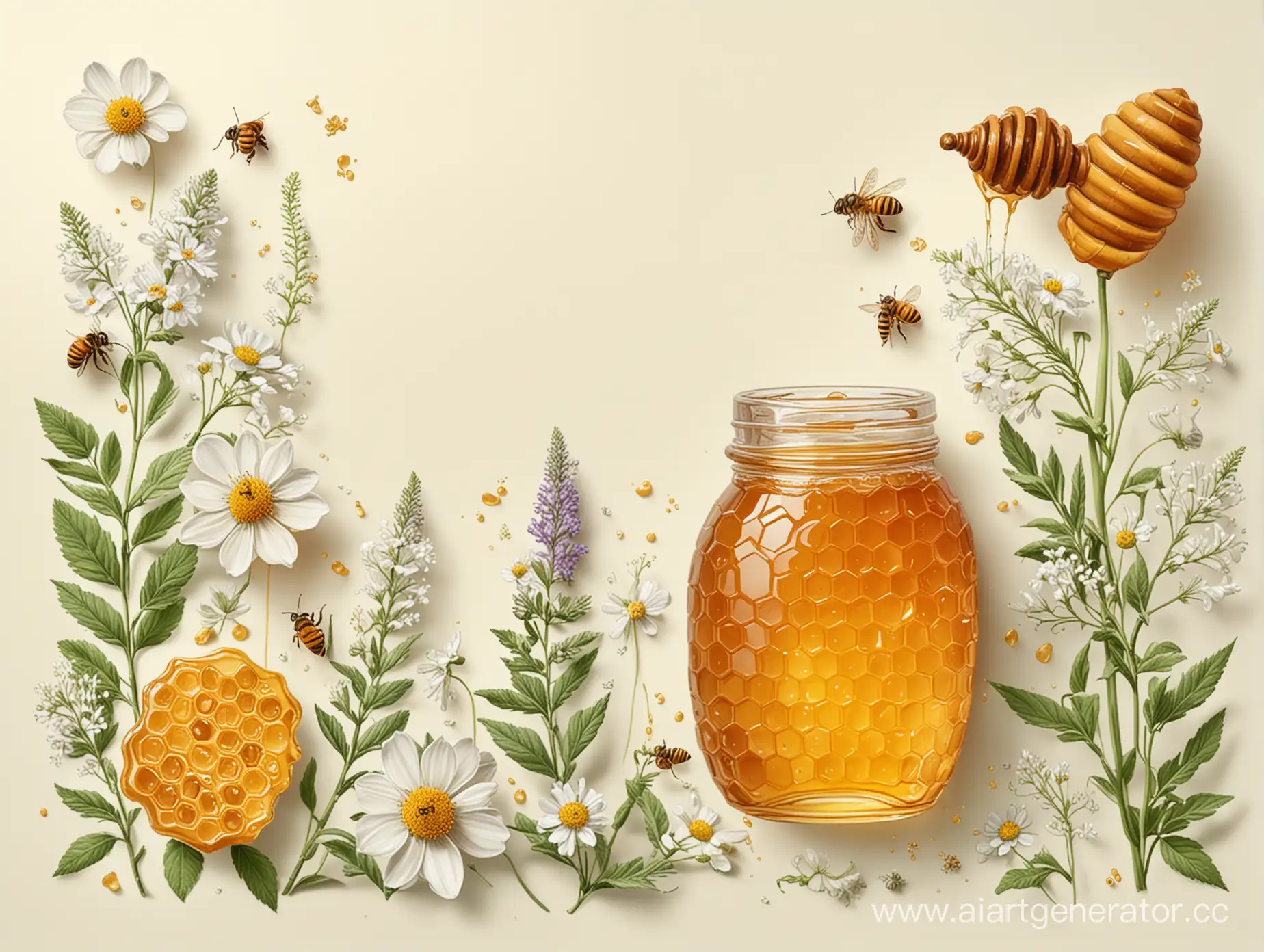 иллюстрация с изображением мёда, растений и цветов. на нежном молочном фоне. развертка
