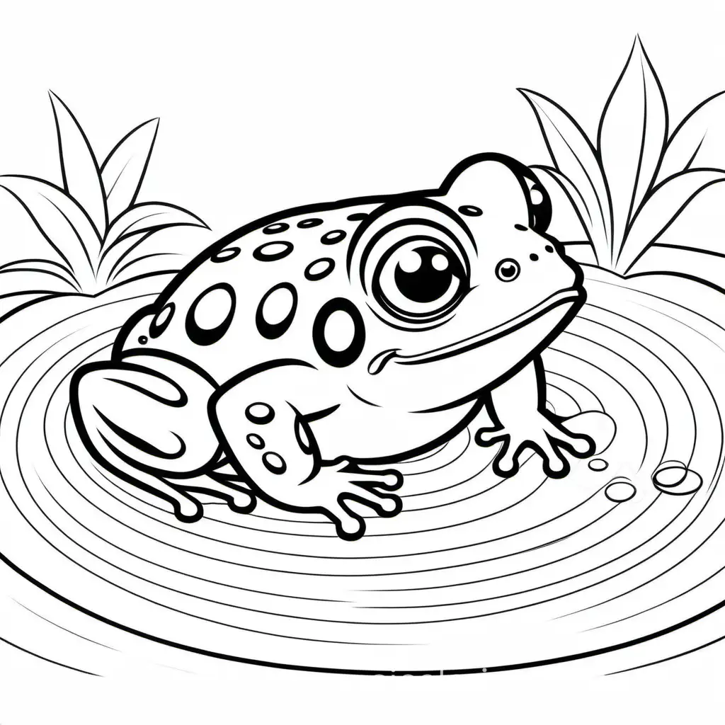 A cartoon illustration in black and white line art, of  a frog. Frog is swimming. The style is cute Disney with soft lines and delicate shading. Coloring Page, black and white, line art, white background, Simplicity, Ample White Space. The background of the coloring page is plain white to make it easy for young children to color within the lines. The outlines of all the subjects are easy to distinguish, making it simple for kids to color without too much difficulty, Coloring Page, black and white, line art, white background, Simplicity, Ample White Space. The background of the coloring page is plain white to make it easy for young children to color within the lines. The outlines of all the subjects are easy to distinguish, making it simple for kids to color without too much difficulty
