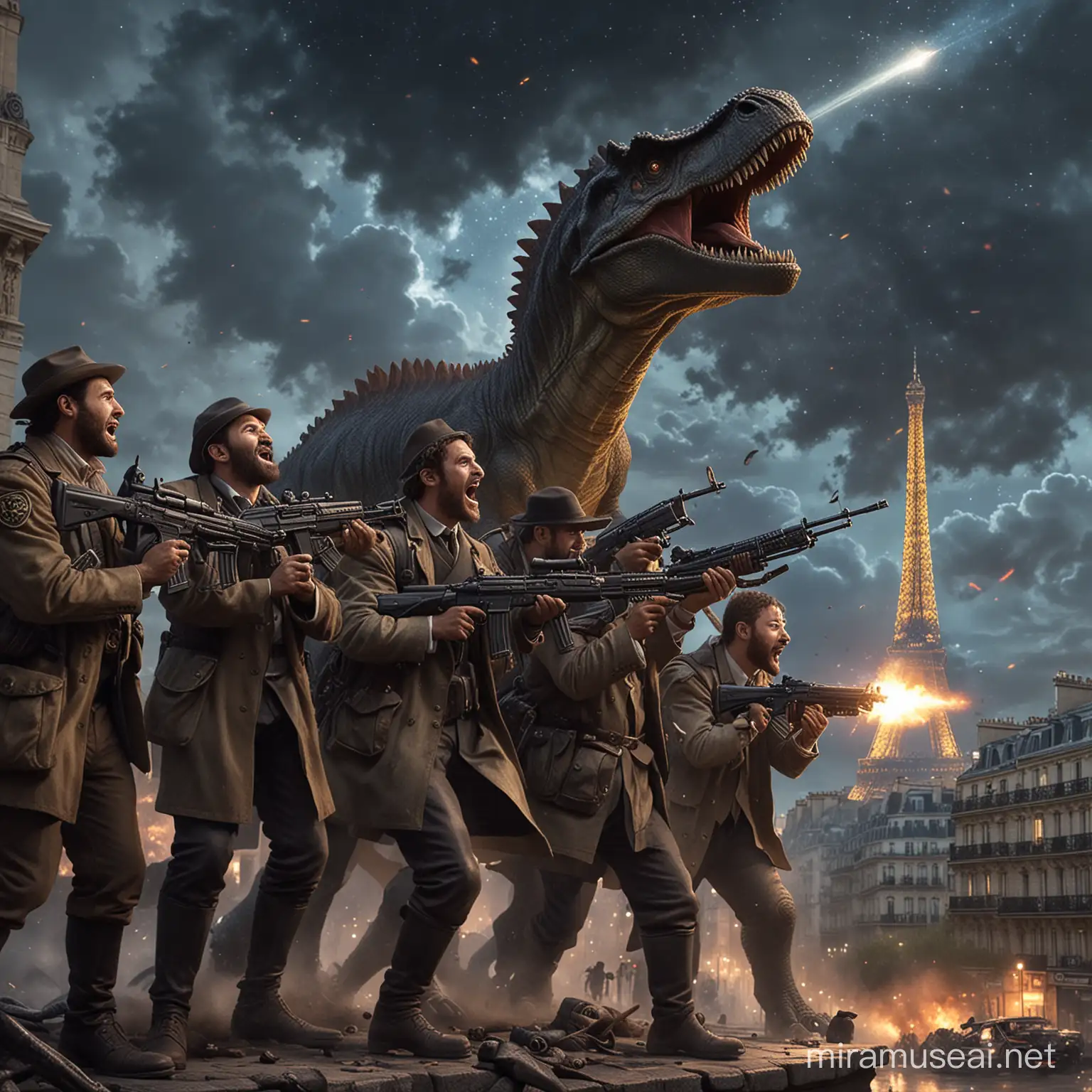 Cayborg Juden Überfallen Paris auf Dinosaurier und schießen vom Rücken der Dinos mit ihrer Kalaschnikow in den Nachthimmel von Paris während sie Lachen  