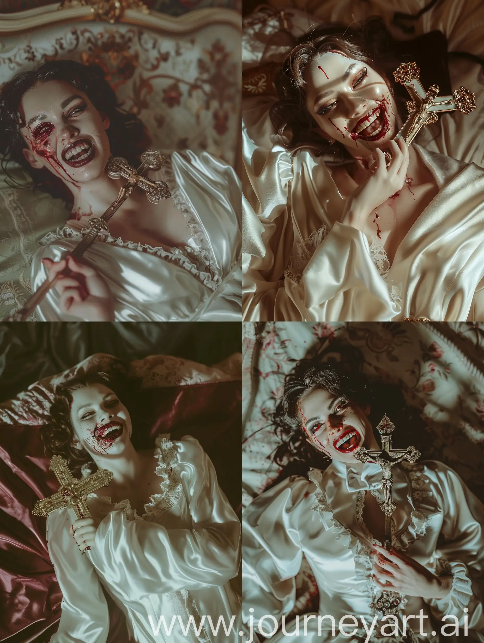 A woman with a sinister grin on her face, wearing a white satin gown, lying on a bed with her face covered in blood, holding an intricately detailed crucifix in their hand, in the style of gothic horror, saturated, dark horror, taken on provia