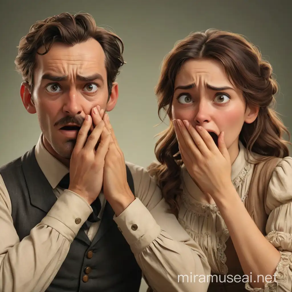 A man and a woman, dressed in late 19th century style, cover their mouths with two hands, about to vomit. We see their heads, shoulders and arms completely. In the style of realism, 3D animation.