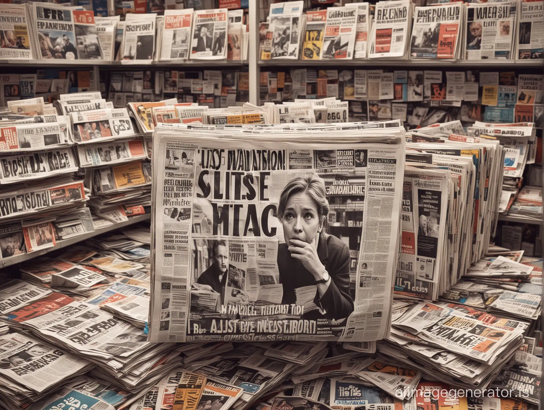 A newsstand overflowing with newspapers and magazines with sensational headlines promoting opposing political viewpoints. The logos of media outlets associated with bias are clearly visible. In the foreground, a confused person struggles to discern the truth from the overwhelming amount of information. Coloring: Vibrant colors for the headlines, muted tones for the person and background.