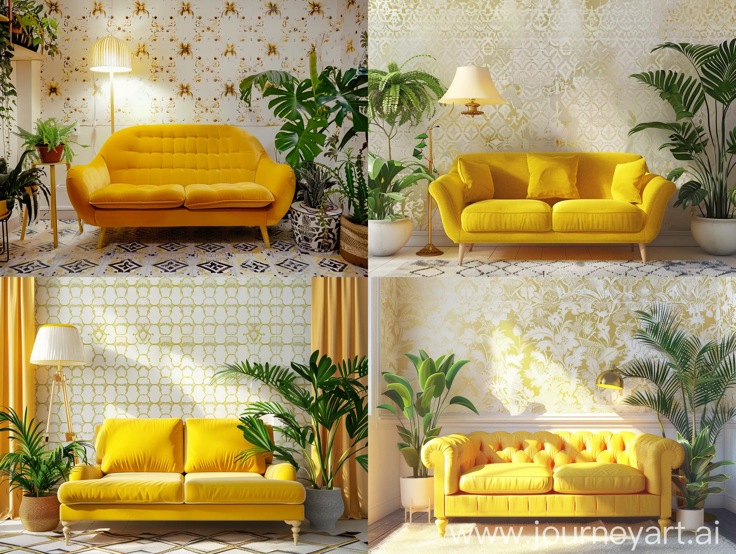 Yellow sofa between plants and lamp in bright living room interior with patterned walls. 