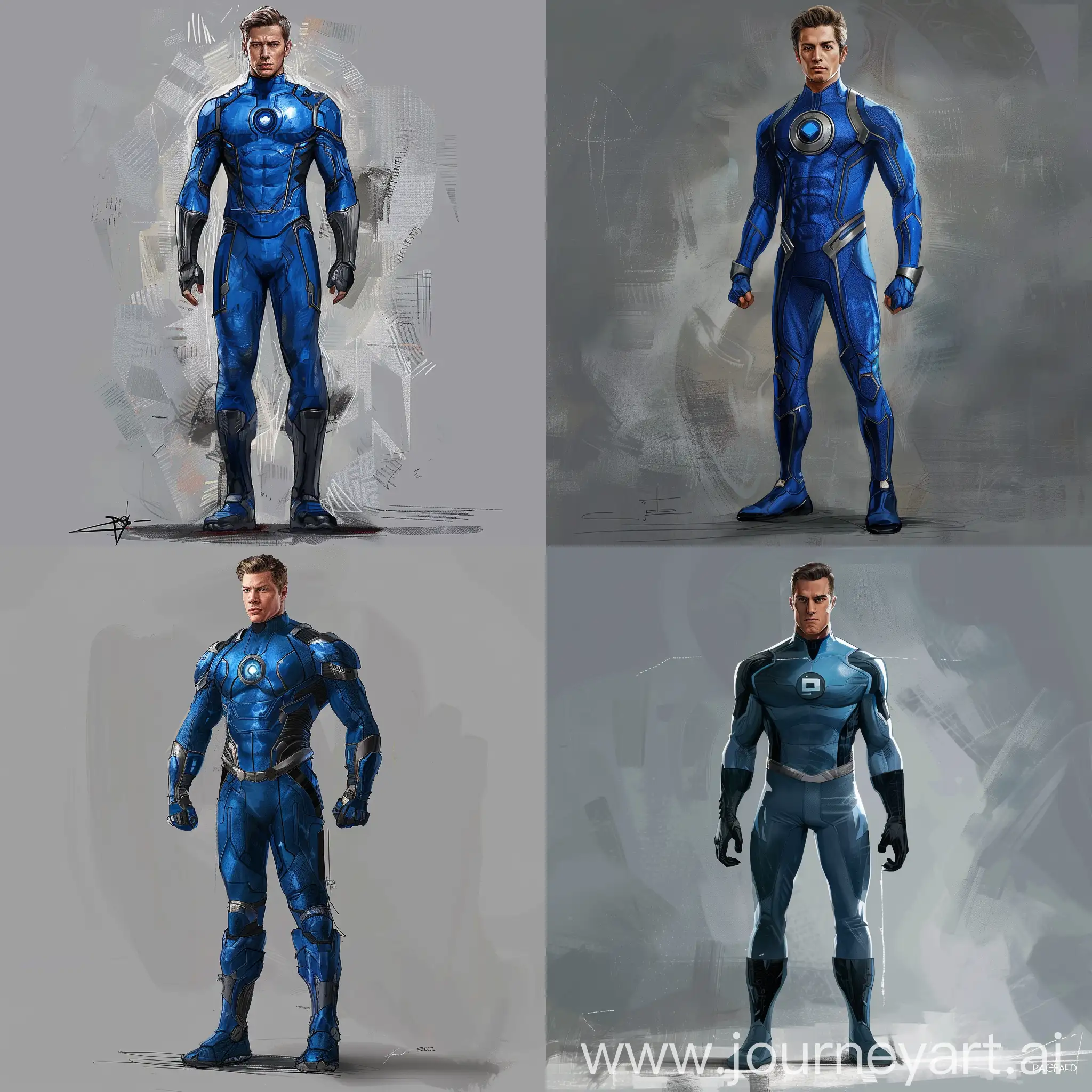 Pedro Pascal Fantastic Four suit, concept art, illustration, grey background, blue suit