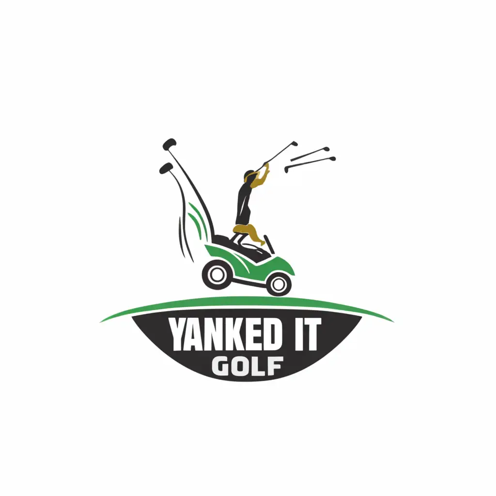 a logo design,with the text "Yanked it Golf", main symbol:Golfer ramping a golf cart over a bunker with clubs flying out behind. Green is in the foreground below the golf cart. Spell the name as indicated,complex,be used in Sports Fitness industry,clear background