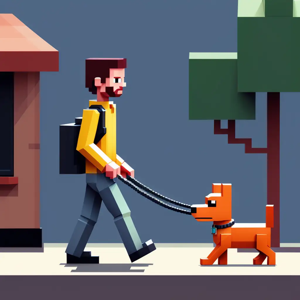Малко пиксел човече разхожда пиксел куче на каишка 