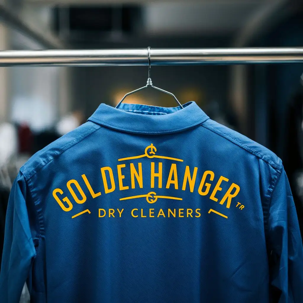 logo, shirt on a hanger, with the text "Golden Hanger Dry Cleaners", typography, be used in Retail industry