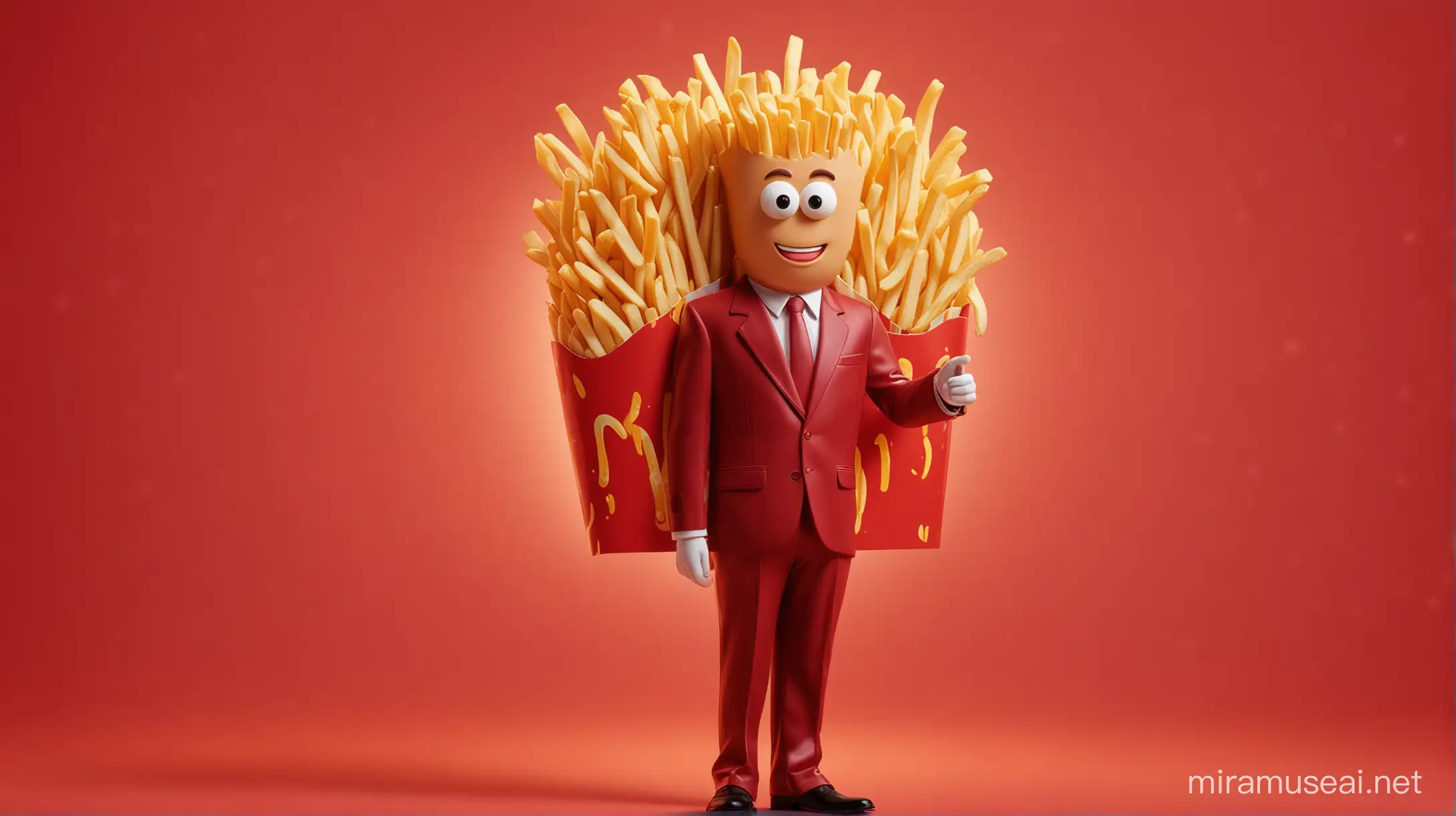 A humanized french fry standing in front of a light coming from the center on a red background, his hair made of ketchup waves in a very charismatic way. The french fries have a realistic and humanoid look, wearing a suit and looking very stylish. The shimmering french fries dazzle.
