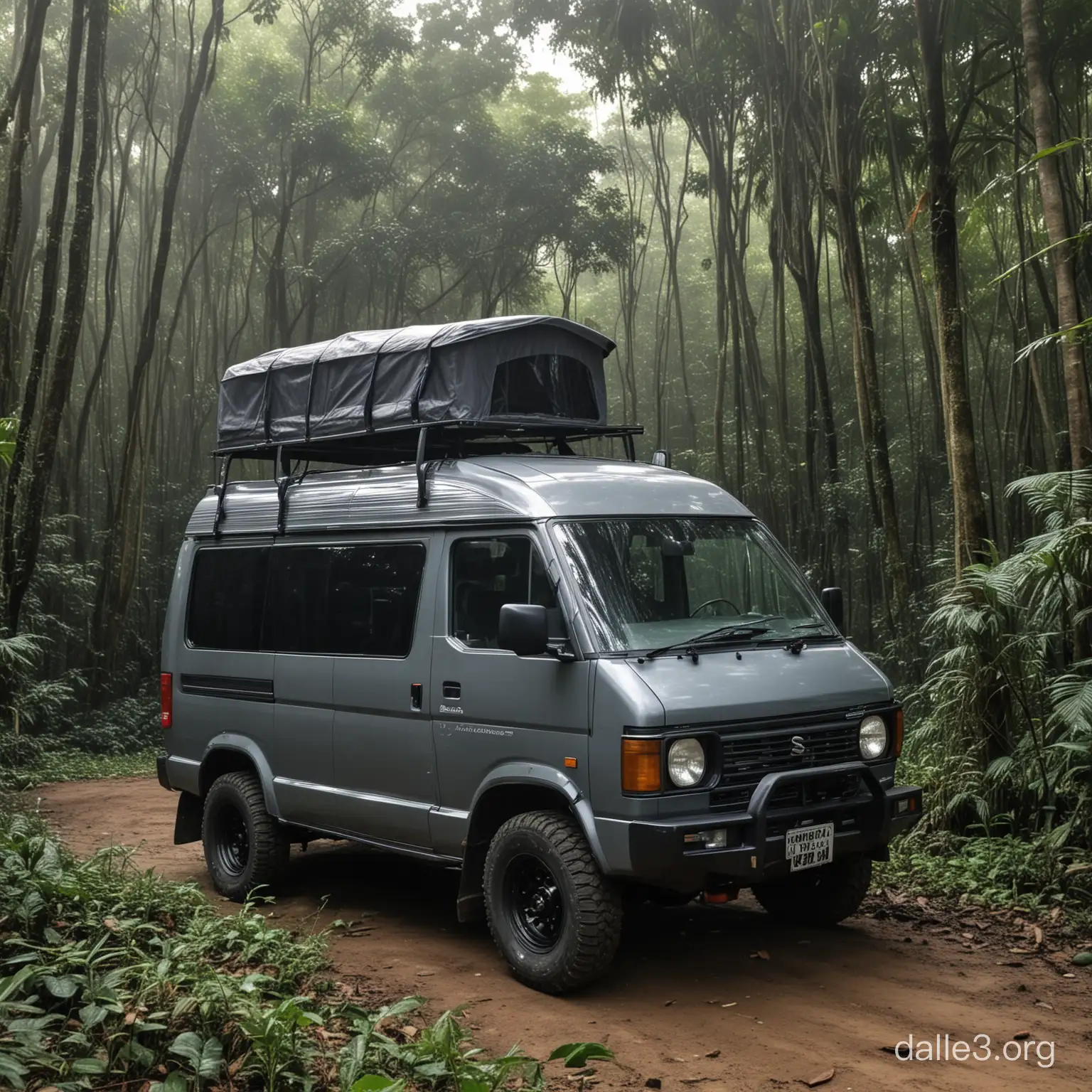 Dark gray modified for jungle travel Suzuki omni gymni van in the jungle