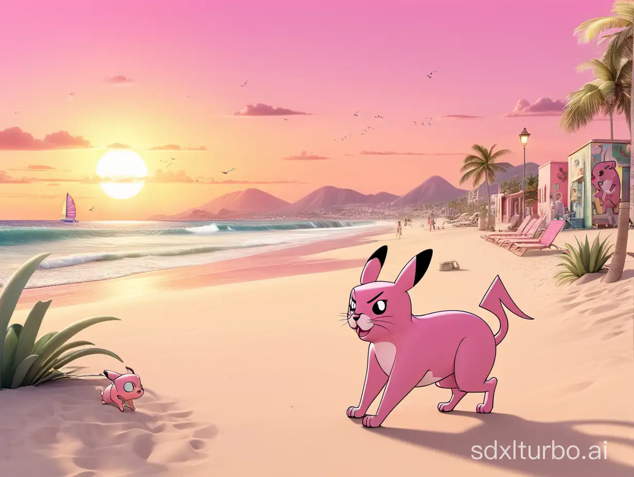 Minimalist-Pink-Panther-and-Pikachu-Stroll-on-Mexican-Beach-at-Sunset