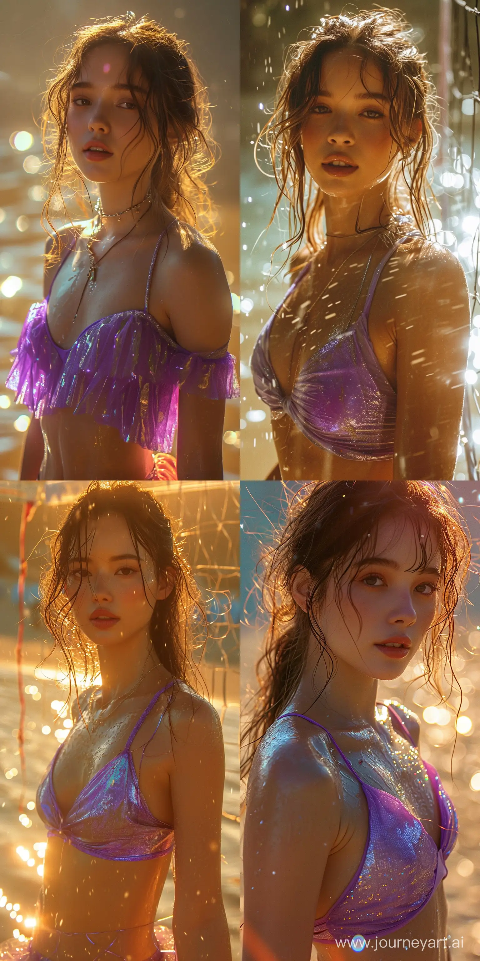 a ballet dancer, in a purple top in a neon beach, playing beach volley, in the style of chinapunk, iconic album covers, soft-focus portraits, luke fildes, light amber and silver, exotic, captivating lighting --ar 1:2 --stylize 750 --v 6