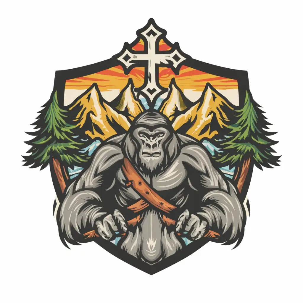 LOGO-Design-For-Silverback-Designs-Powerful-Gorilla-Symbol-with-Christian-Cross-Shield-and-Natural-Elements