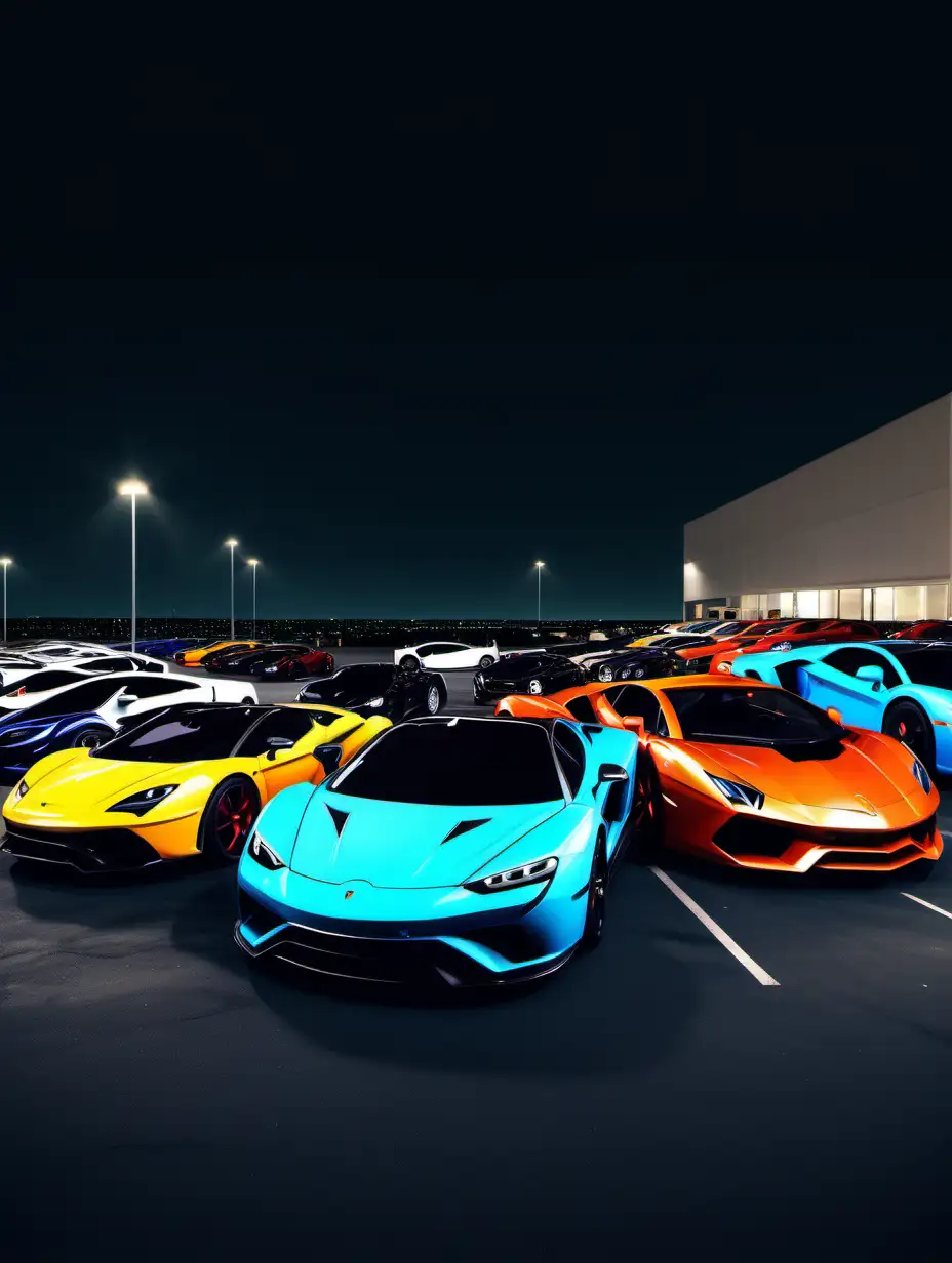 creat an image with some hyper cars and some luxury cars in a parking lot in the night