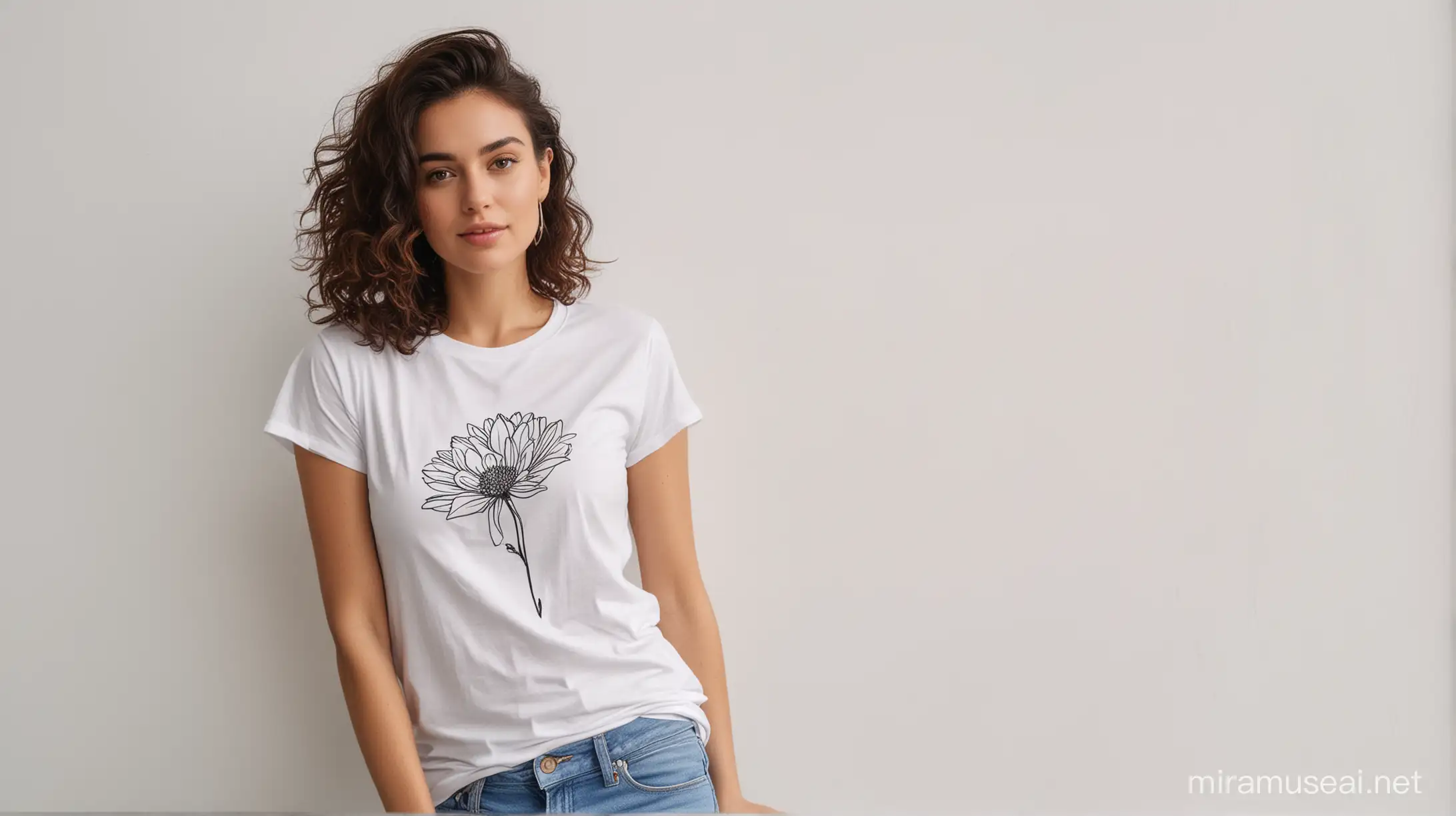 a woman wearing a trendy t-shirt with a flower on it, 
leaning up against a white wall
 