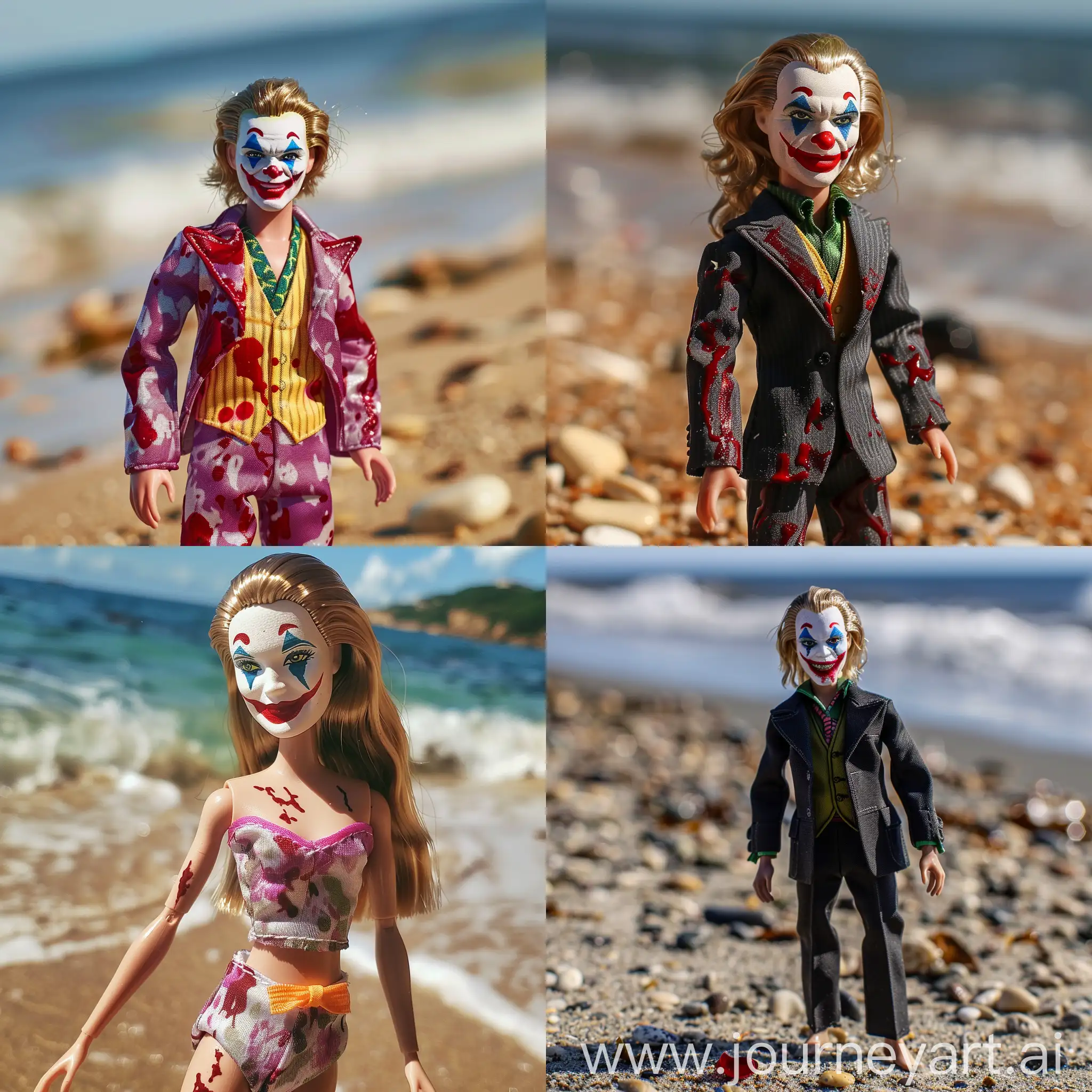 joker with blood on face barbie suit on beach