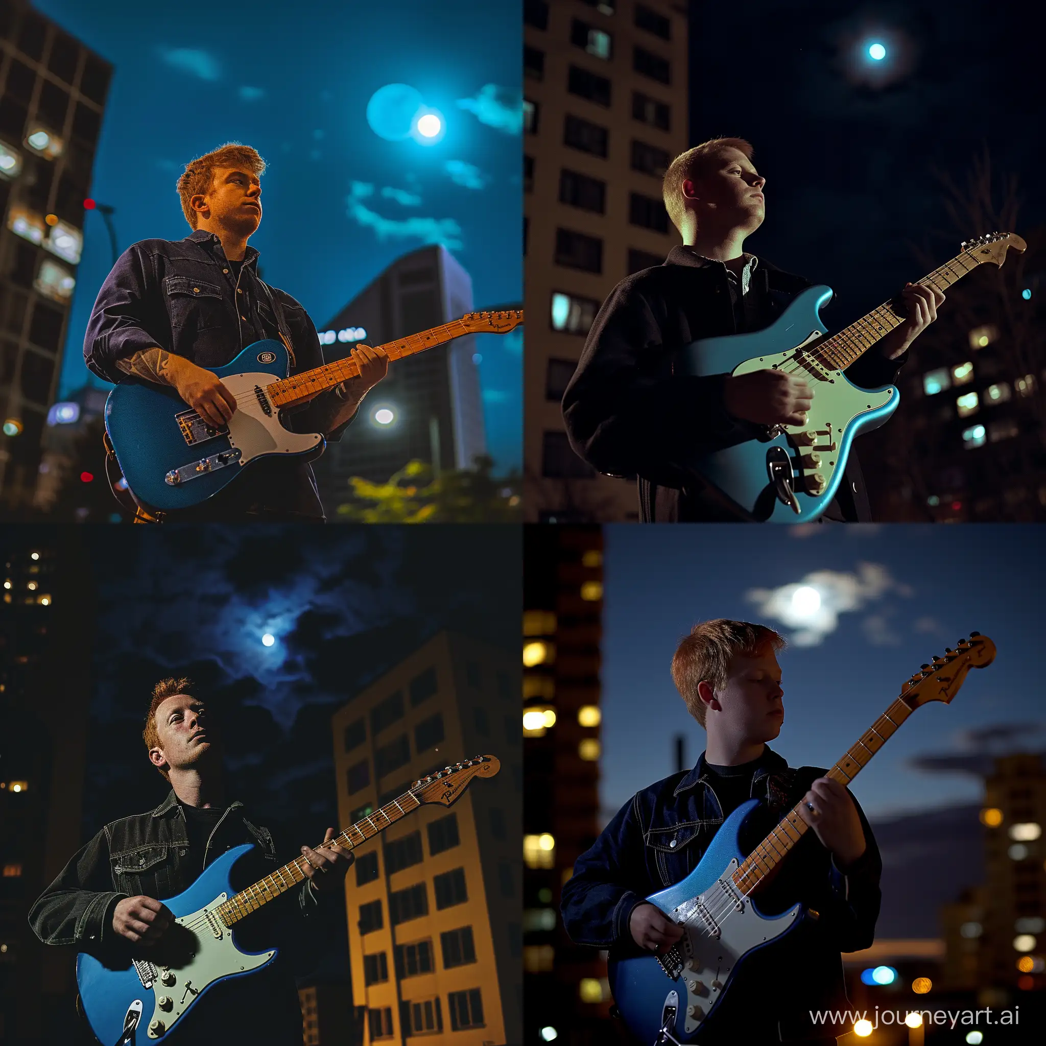 Curious redhead with short hair man guitarist with blue telecaster fender Investigates Mysterious lighting in the sky, urban night buildings, in Dimly Lit Scene Vintage, arri camera with panasonic lenses, moon