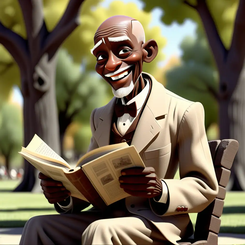 Vintage Cartoon Joyful African American Elder Reading in New Mexico Park