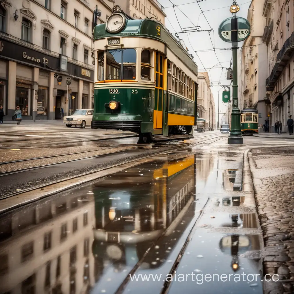 Vintage-1930s-Tram-on-Rainy-Street-with-Reflective-Puddle