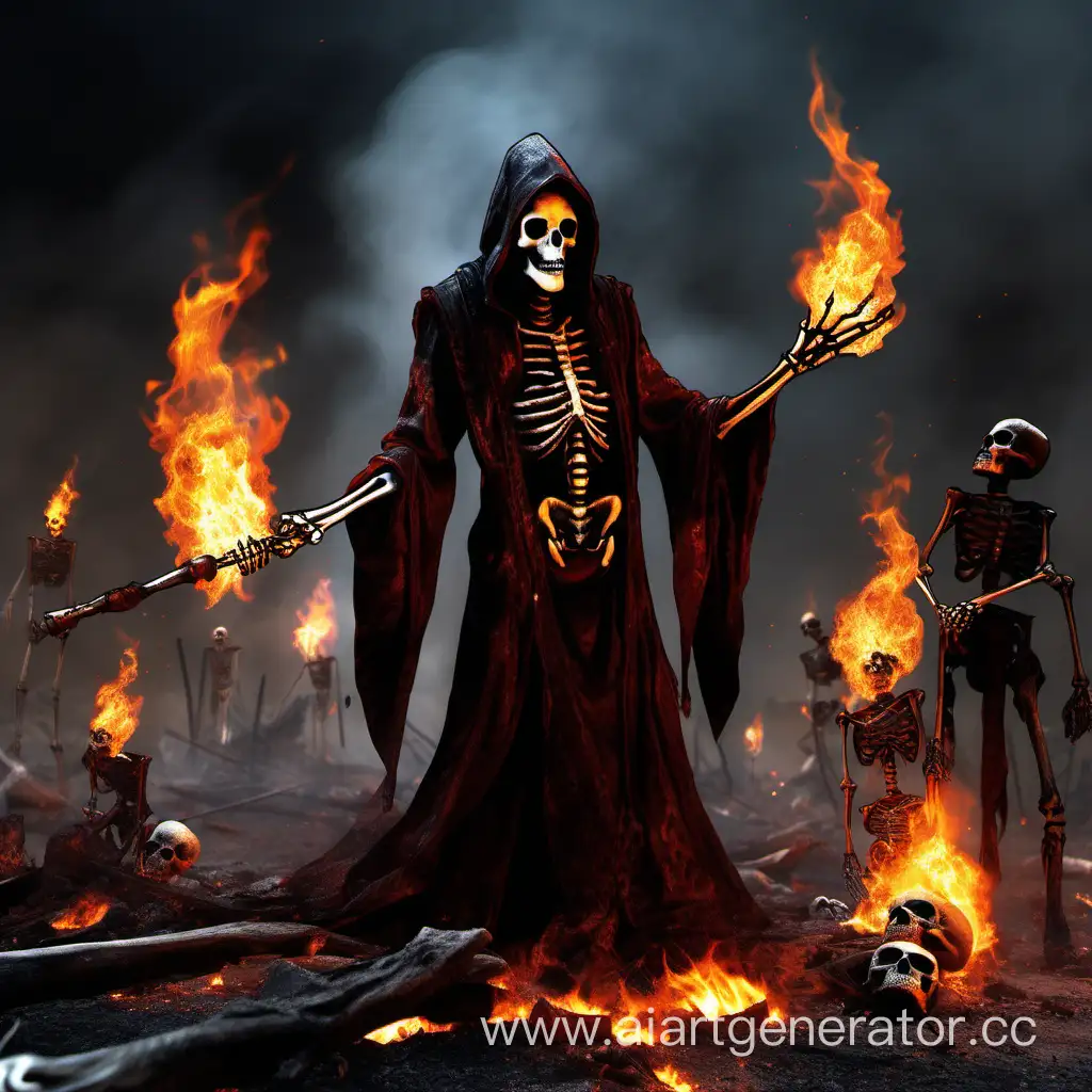 Маг-Скелет, пироман, Пирокинез, стоит на

обугленных телах поверженных врагов. В качестве оружия скелет использует 2 огненных жезла (по одному в руке) из которых вылетают искры.одежда скелета это  роба мага длиной до пола 
