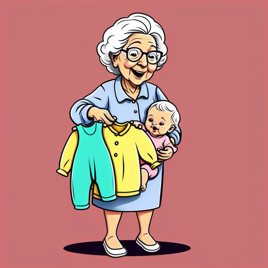 Cheerful Grandma Changing Babys Clothes Cartoon Illustration