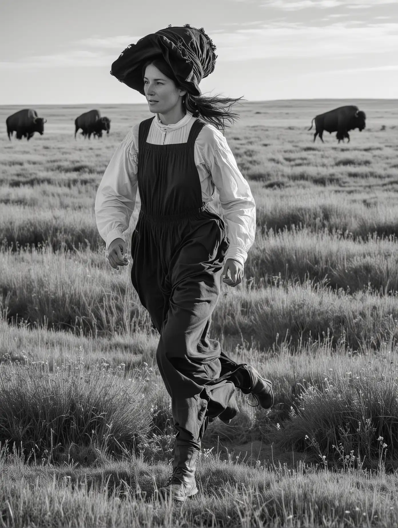 Prairie Pioneer Woman Running Amidst Buffalo Herd in Monochrome Scene