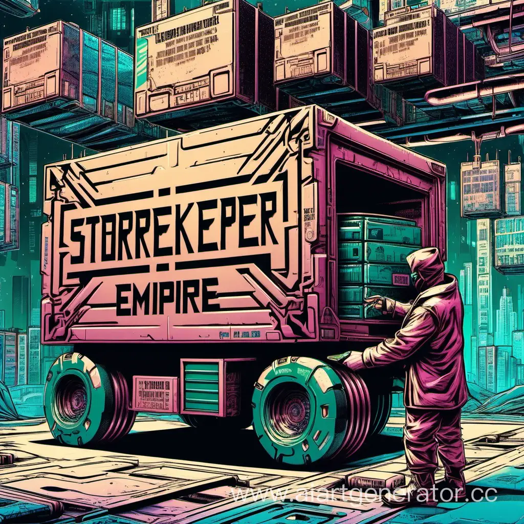 Кладовщик кладет коробку в машину грузовик с надписью Fulfillment Empire в стиле киберпанк