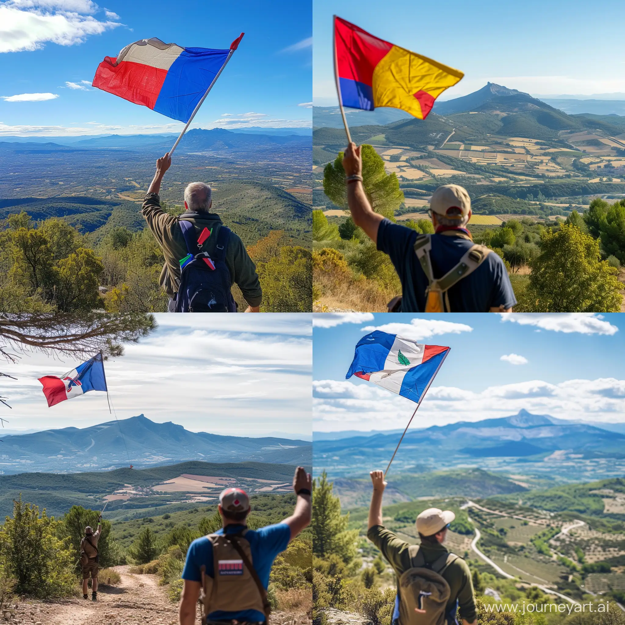 Un homme de dos brandissant un drapeau du Comtat Venaissin avec une vue sur le Mont Ventoux