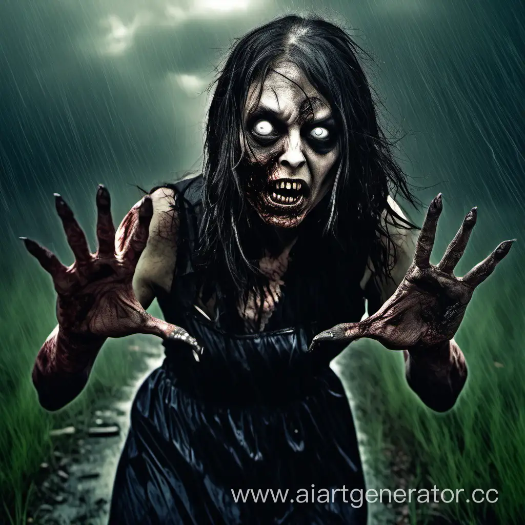 A zombie woman with clawed five-fingered hands stretches her vile hands towards you, she looks like a dead man who has climbed out of the grave, black long hair, black torn dress, long sharp nails like claws, her mouth is threateningly open exposing razor-sharp teeth resembling fangs, she comes to you wanting a snack. filter "she is in close-up": hyper-realism, cinematography, high detail, the smallest details, horror, fear.photorealistic photography of a zombie woman with no eyes and a tattered dress, in the style of realistic hyper - detail, playful character designs, 32k uhd, grotesque, cabincore, necropunk, zombie, very dark stormy sky, lightning striking, torrential rain, professional photography, national geographic award winning photography, zombie stalking prey, close - up --ar 4:5