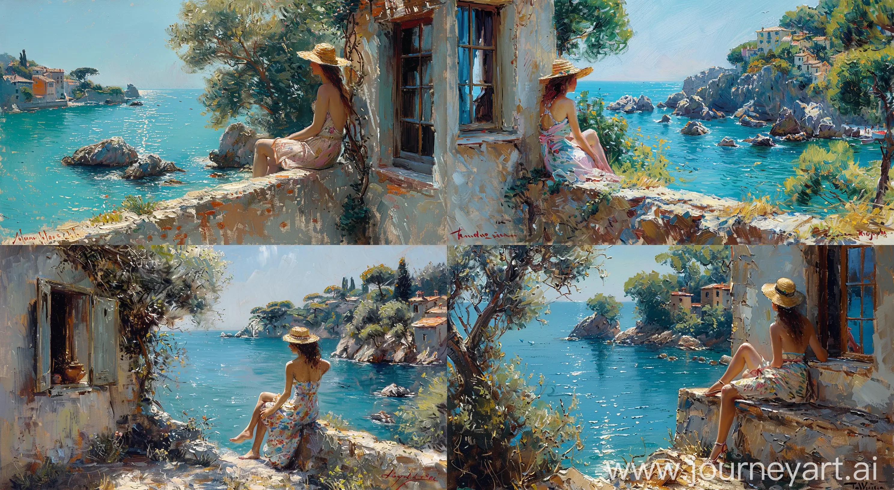 Impressionist painting of a woman in a summer dress and straw hat sitting on the stone wall of an old house, looking at the sea view from a window on a beautiful sunny day in Italy, visible brush strokes in the style of impressionist masters, sunlight, trees, rocks, blue water, houses on the coast --ar 129:71 --stylize 750