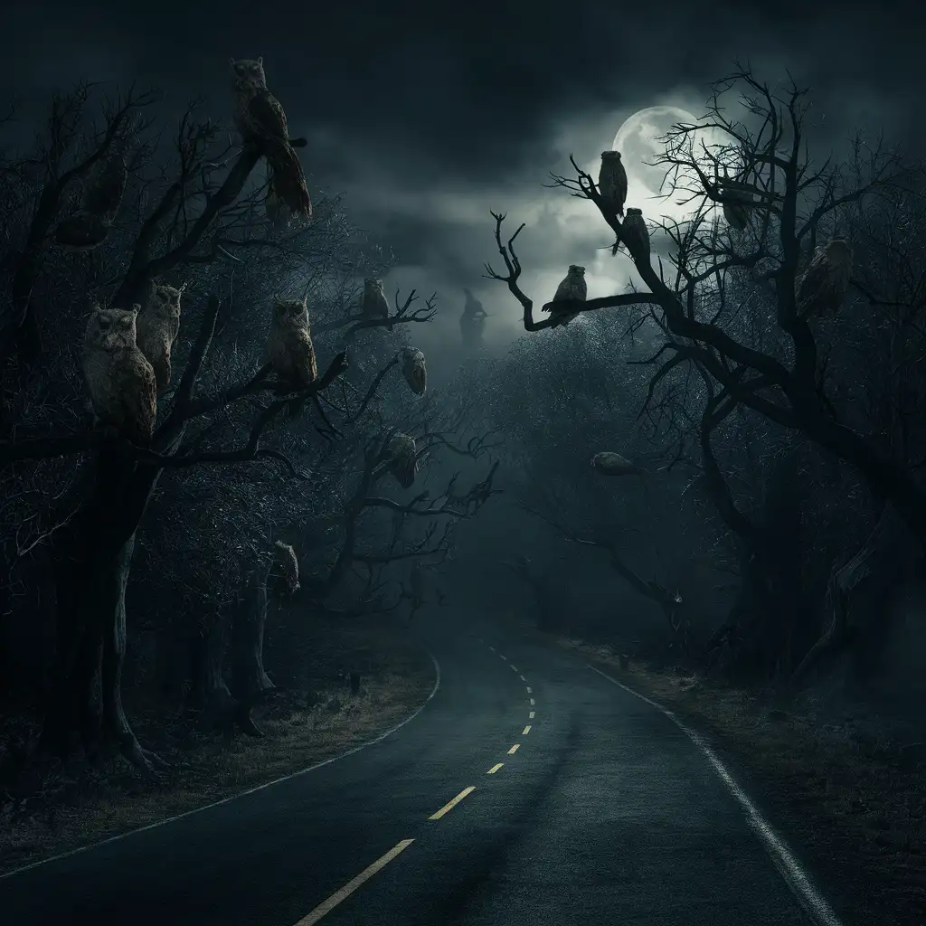 ciemny mroczny las, droga samochodowa, na drzewach przy drodze siedzą liczne dziwne potworne sowy, noc mgła, księżyc, atmosfera horroru