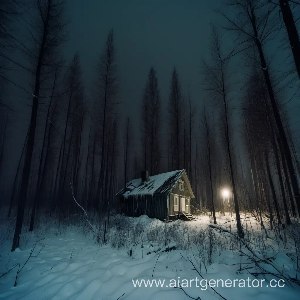 Посёлок в таёжном лесу, образец конца 90-х, пасмурной зимней ночью 