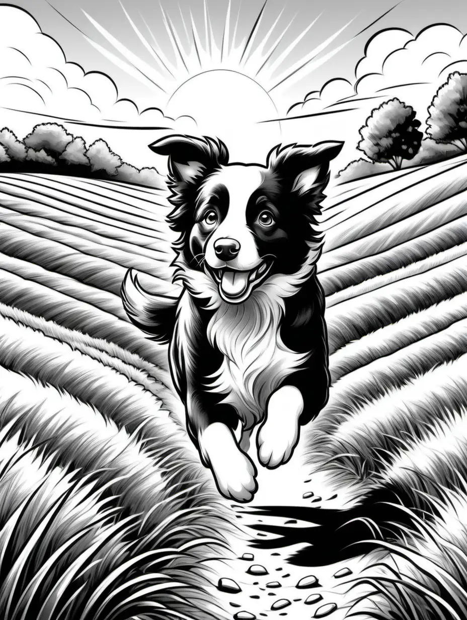 Generate an endearing and easy-to-color black-and-white line art illustration of a cute puppy border collie joyfully running through a sunlit farm field for a delightful coloring page. Picture the puppy in a playful stride, with the sun casting a warm glow across the scene. Craft a lively and simple farm field background, with swaying grass or blooming flowers. Aim for an overall heartwarming atmosphere that captures the energy and sweetness of the baby animal's playful run. The goal is to provide an exhilarating and accessible coloring experience for kids of various ages. Exclude intricate details, keeping the design charming and lively for a delightful coloring adventure
