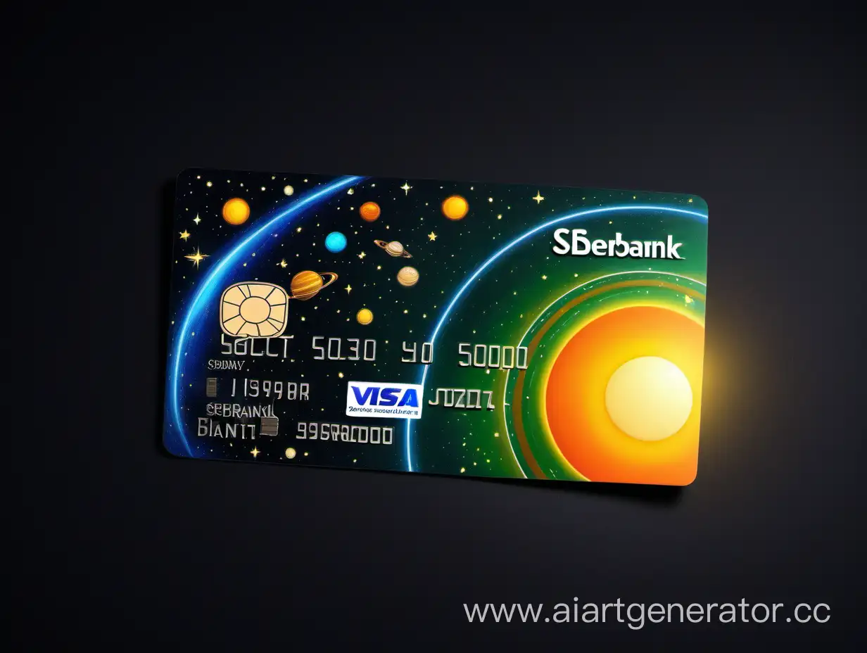 Нарисуй кредитну карту Сбербанка с точным названием банка. В виде солнечной системы которая будет светится в темноте время суток. В виде заката