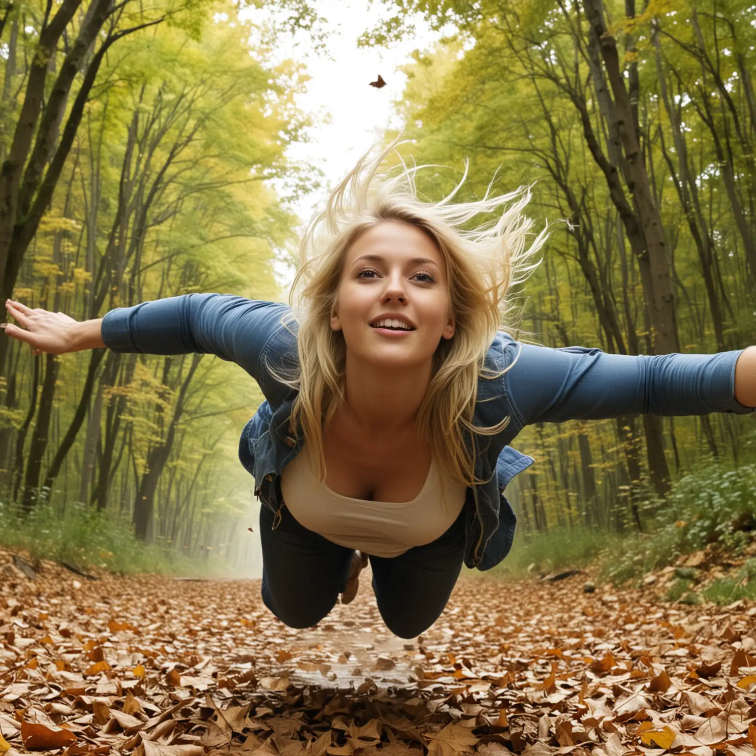 Blonde Woman Falling Facefirst with Detailed Nature Background