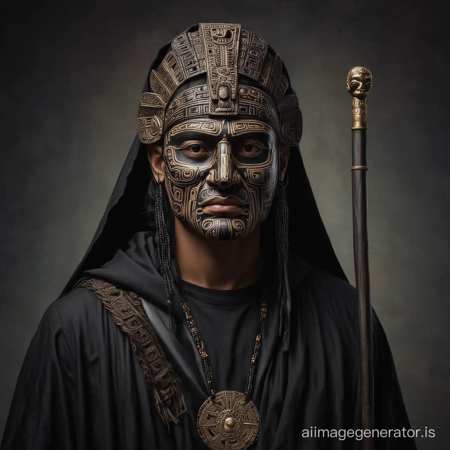 Man, black cloak, cane, Mayan mask