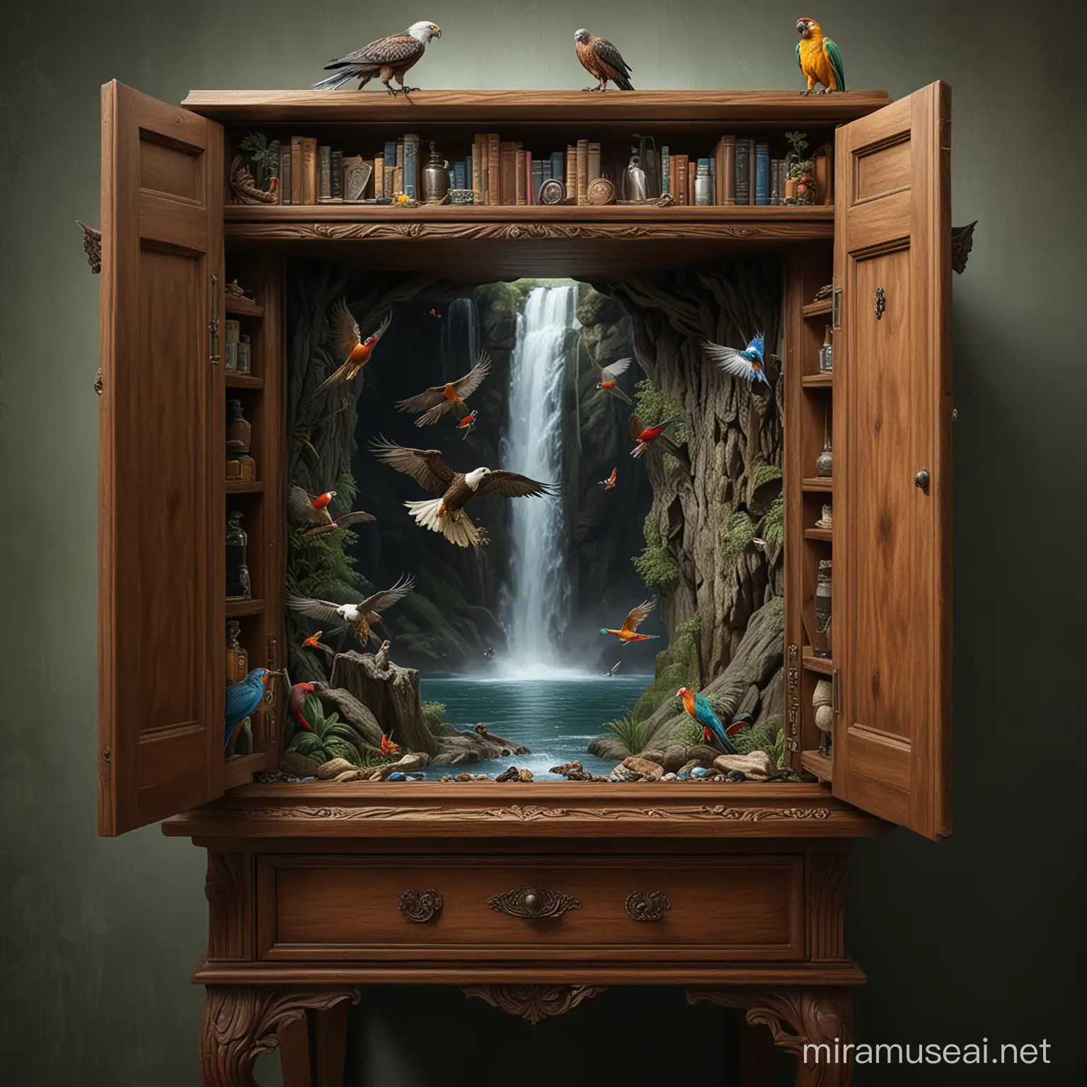 Create a highly detailed image of a man opening a cabinet at the side of his table, isolated inside the cabinet is a waterfall with eagle, parrots, birds, ultra realistic
