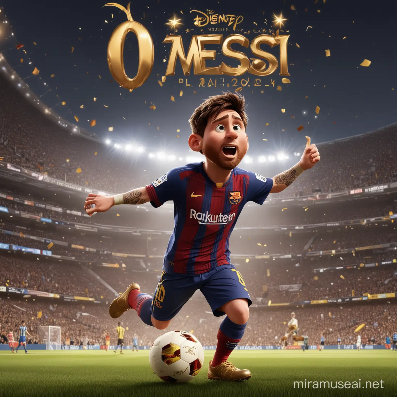 Gera uma imagem de uma capa de filme animado da Disney Pixar, que fala sobre a Bola de ouro do Messi em 2023
