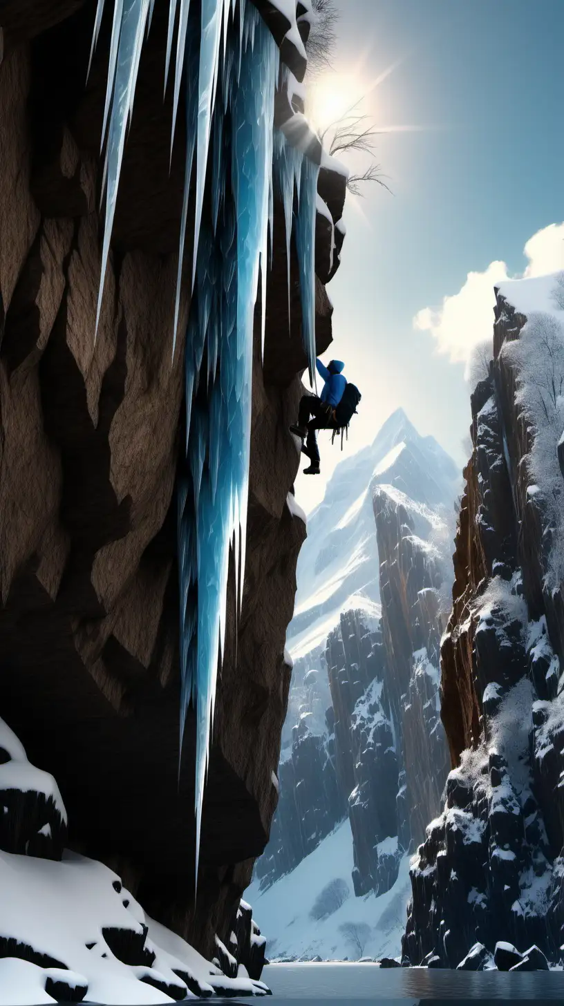 cliffside with snow in the foreground, mountains background, frozen water at the cliff, icicles, silhouette of a guy climbing the cliff, bald with beanie and backpack, daylight, 1080k, ultra 4k, high quality, realistic, volumetric lightning