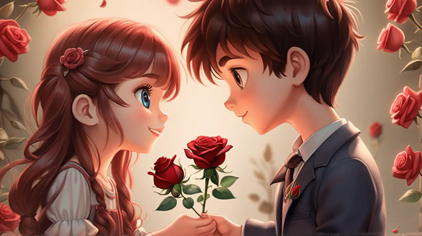 A charming animated boy offering a single red rose to a girl, their eyes meeting with affection.