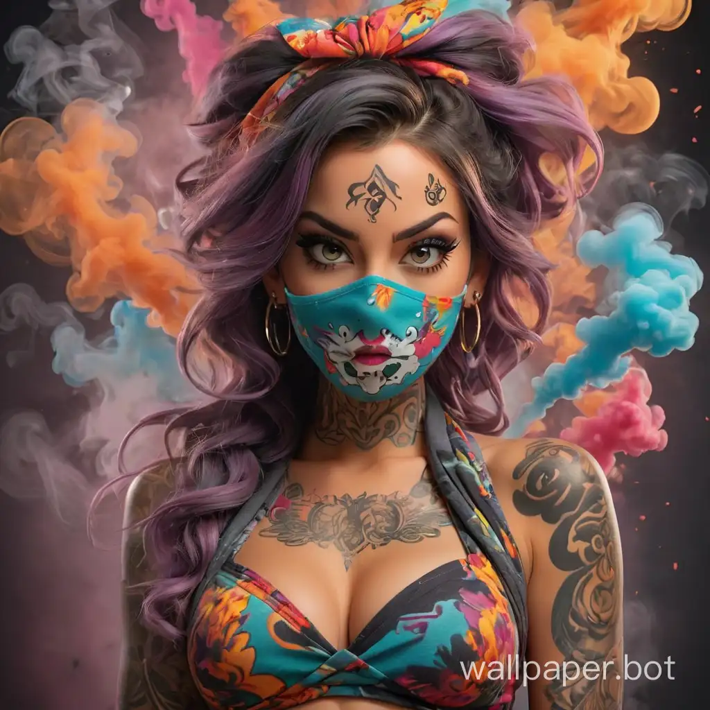 Vibrant-Smoke-Bomb-Portrait-with-Bandana-Mask-Sexy-Tattooed-Gangster-PinUp-Girl