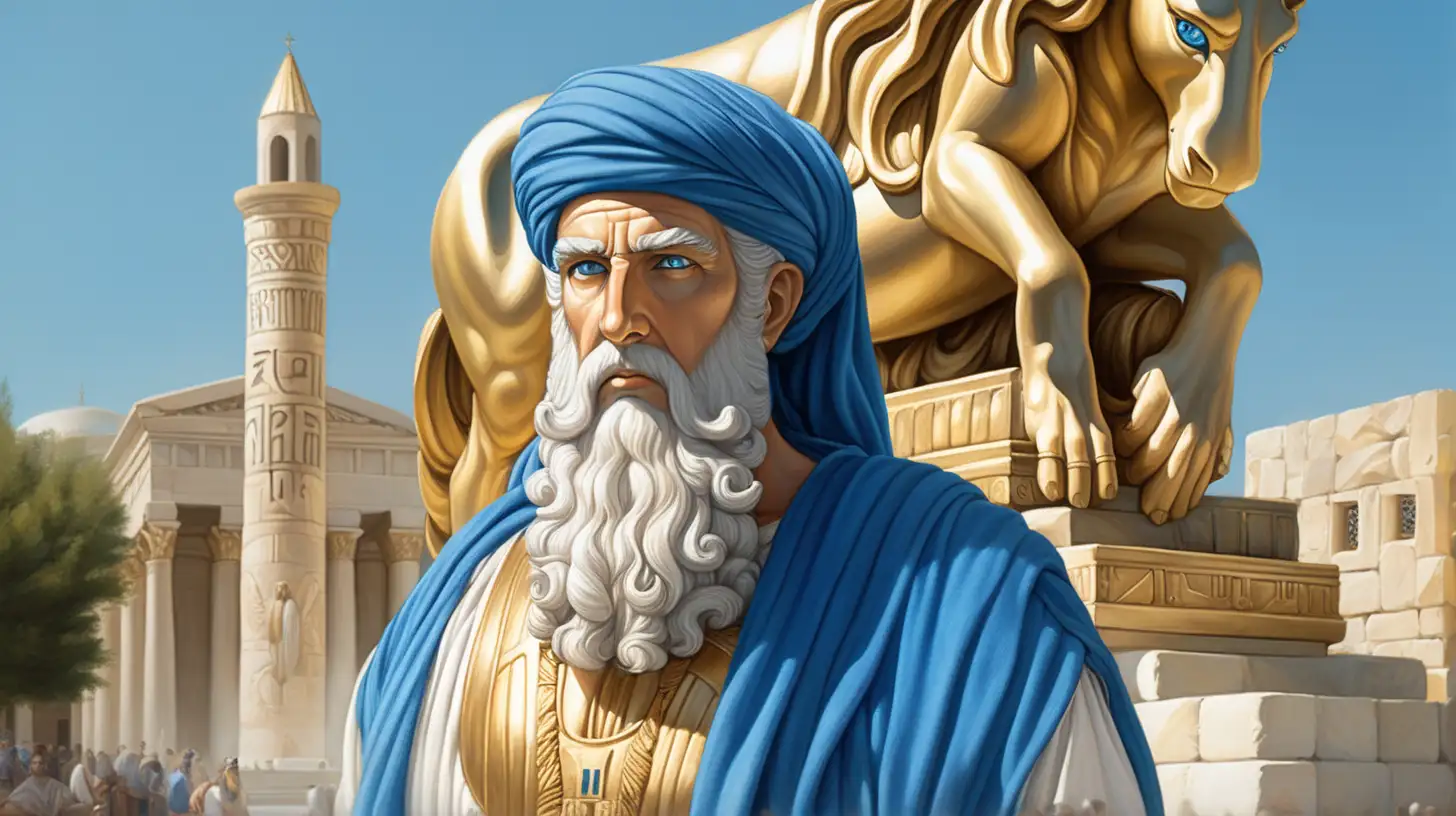 epoque biblique, un prophète, turban bleu sur la tête, grande barbe blanche, beau visage, yeux clairs, en fond une grande statue en or d'un dieu paien, sur la place d'une ville hébreu antique, à midi en été, grande lumière