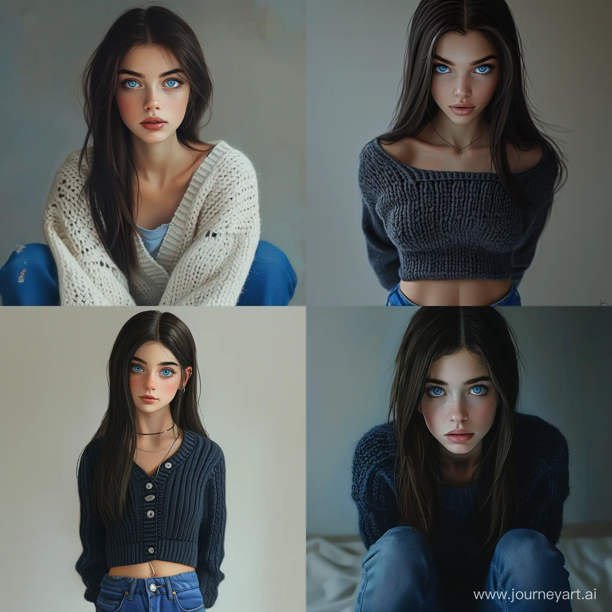 Beautiful girl, straight dark hair, blue eyes, light pale skin, thin upturned nose, oval face, condescending, teenager, 15 years old, knitted cardigan, blue jeans, high quality, high detail, realistic art