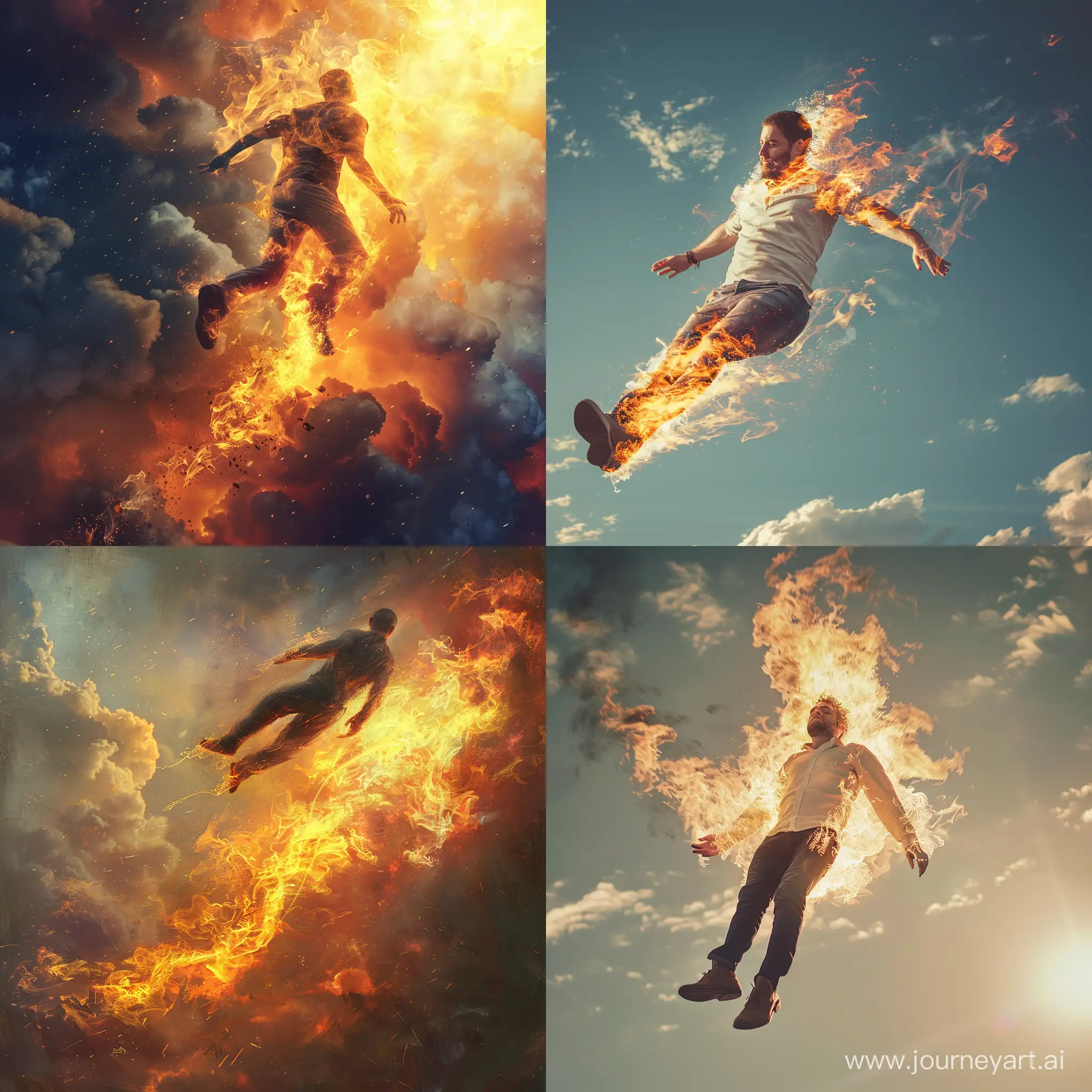 man flying on fire