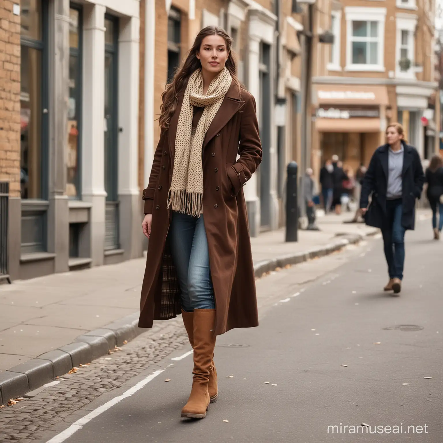 По улице идет молодая дама с одной длинной косой,  в длинном темно коричневом двубортном пальто и кремом шарфе в горошек, на ногах бежевые сапоги.