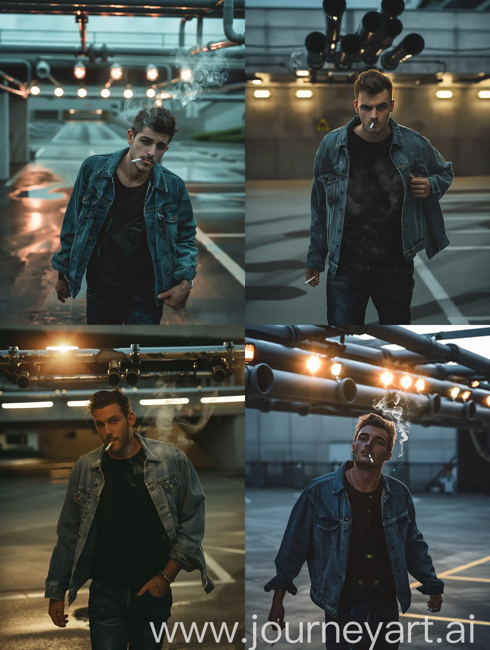 Cinematic, man walking toward the camera, in a parking lot, pipes above his head, lights shining from the back, he wears a denim jacket, black t shirt, smoking a cigarette, caputred by Nikon camera, moody atmosphere, one of his hands in jacket pocket, photorealistic, intricate details